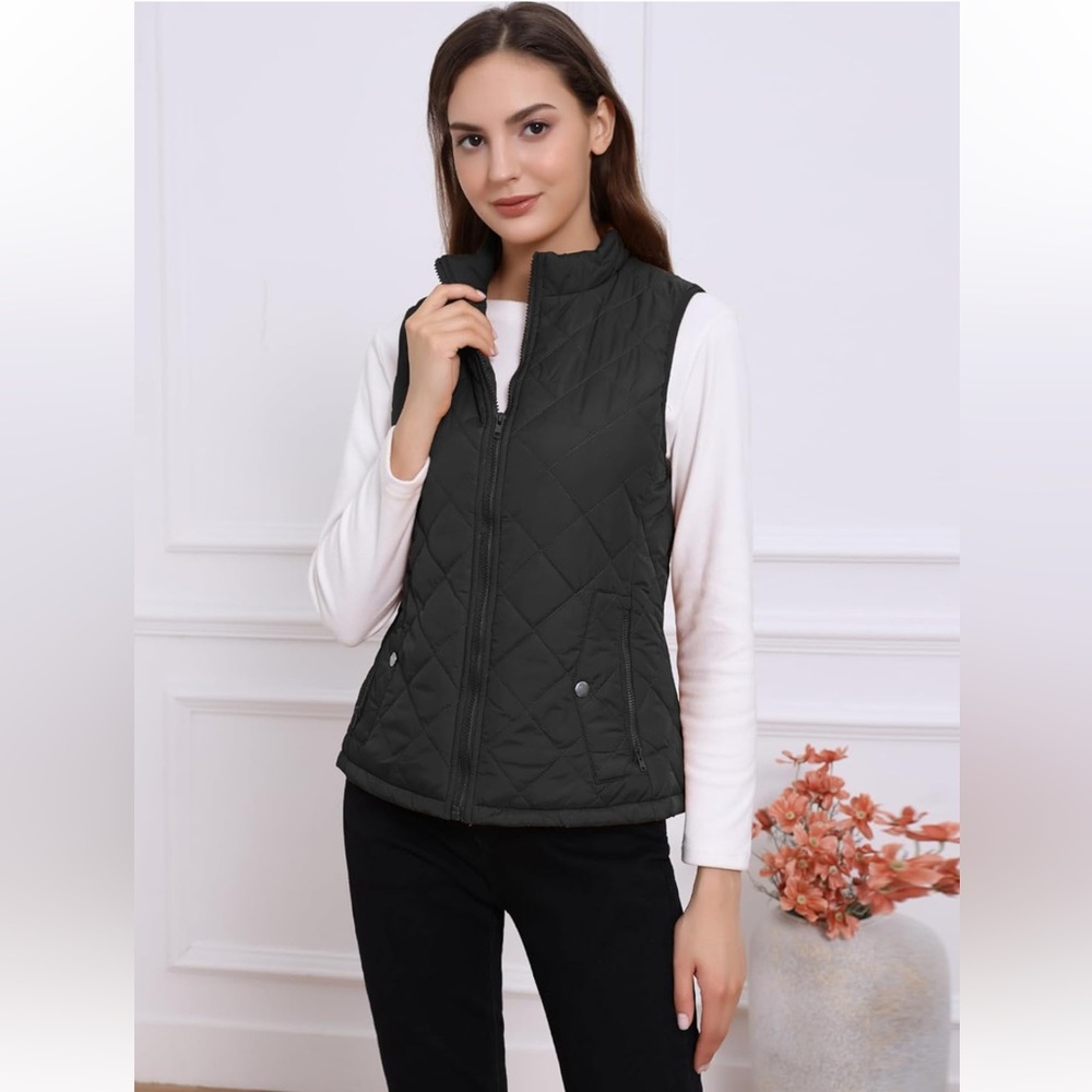 Allegra K Women's Stand Collar Lightweight Gilet Quilted Zip Vest